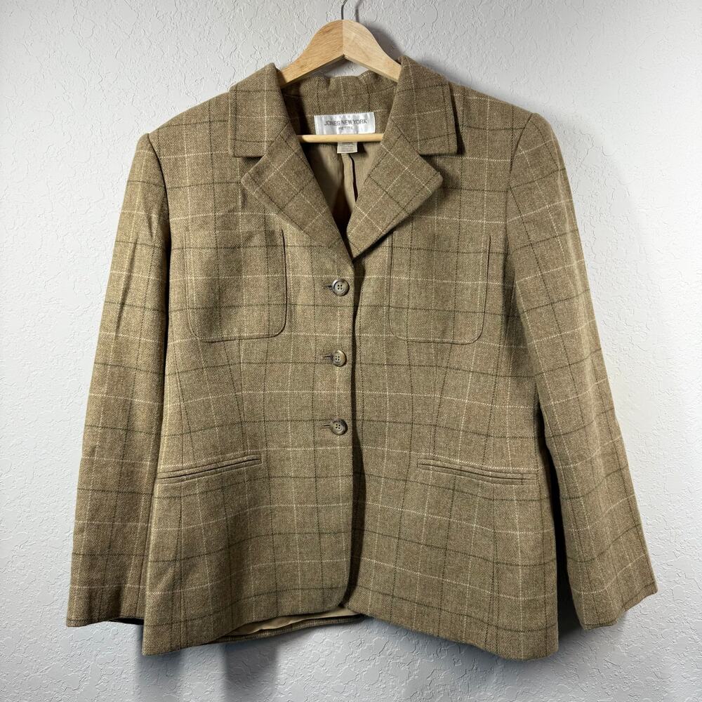 Jones New York Women's Lambswool Tan‎ Green Plaid Blazer Size 12P